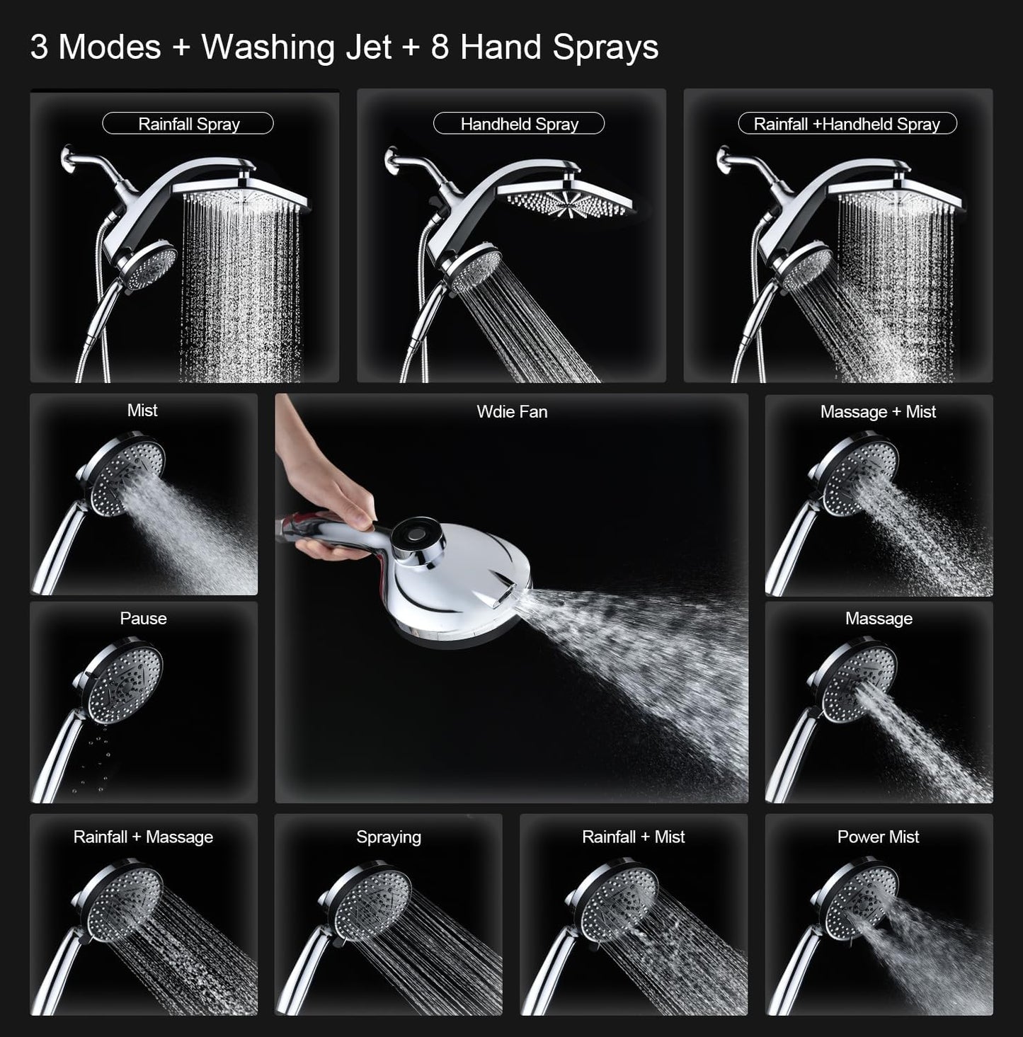 BOZYBO Rain Shower Head with Handheld: High Pressure Shower Heads with Handheld Spray Combo, 12" Rainfall Shower Head and 9 Sprays Hand Showerheads with Magnetic Docking and Power Jets, Black 1.75GPM