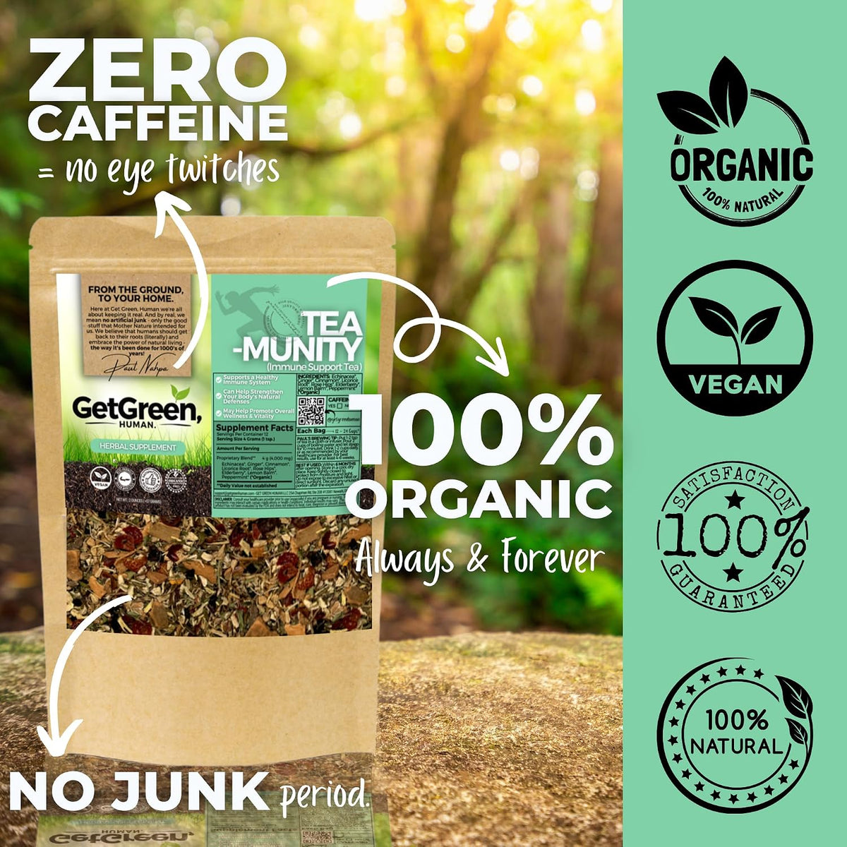 Healthy Immunity and Defense Loose Leaf Tea w/ Echinacea, Elderberry, Lemon Balm | Organic Herbal Tea | 2 oz (57 gram) | Decaf, Vegan, Healthy, ZERO Caffeine, Organic, Herbs, No Natural or Artificial Flavors, Resealable Bag | Tea-Munity by Get Green,