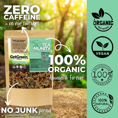 Healthy Immunity and Defense Loose Leaf Tea w/ Echinacea, Elderberry, Lemon Balm | Organic Herbal Tea | 2 oz (57 gram) | Decaf, Vegan, Healthy, ZERO Caffeine, Organic, Herbs, No Natural or Artificial Flavors, Resealable Bag | Tea-Munity by Get Green,