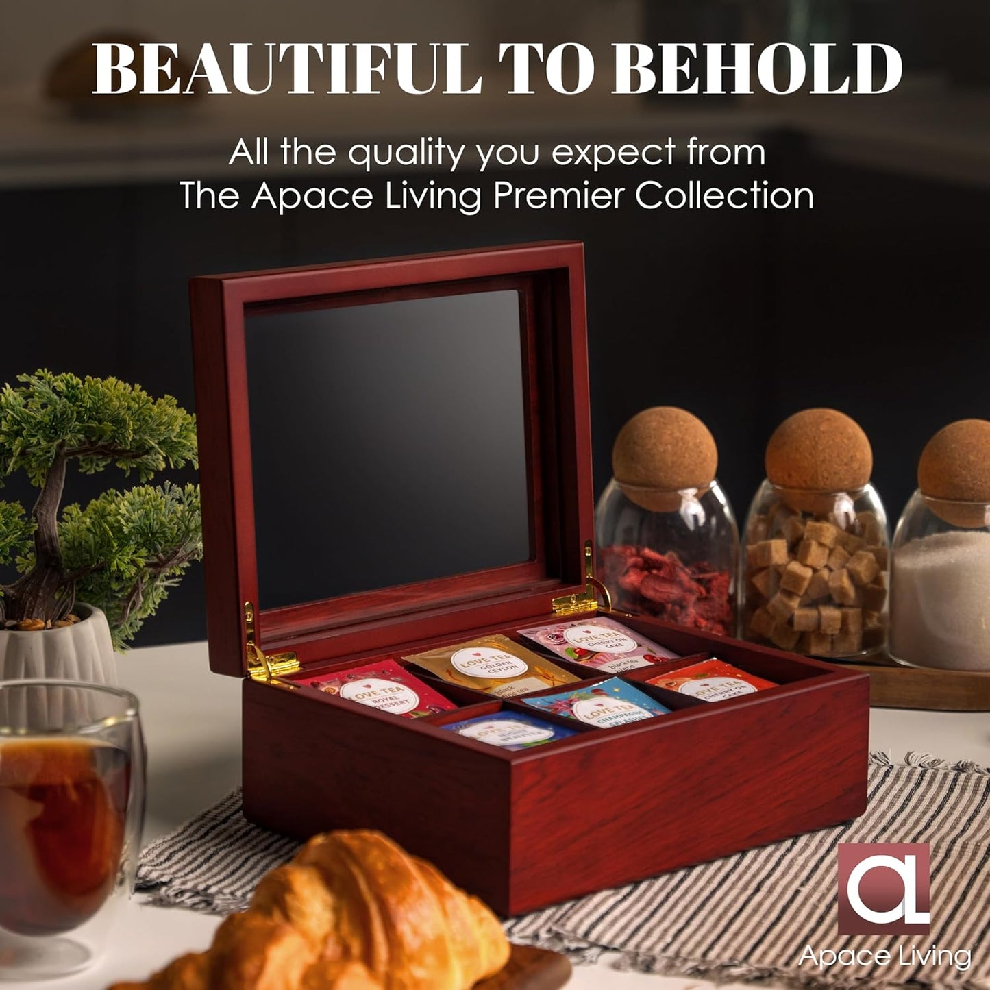 Tea Box - Luxury Wooden Tea Bag Organizer from The Apace Premier Collection - 8 Compartment Tea Storage Chest Container - Elegantly Handmade w/Scratch Resistant Window