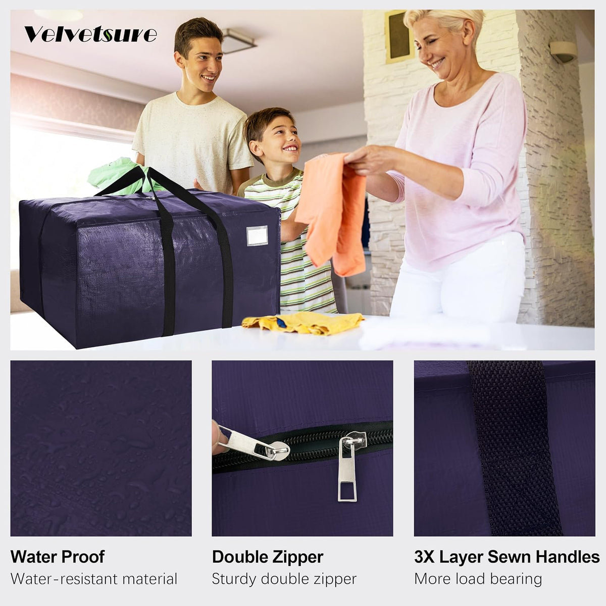 VELVETSURE Heavy Duty Extra Large Moving Bags W/Backpack Straps - Strong Handles & Zippers, Storage Totes For Space Saving, Fold Flat, Alternative to Box and Bin (Set of 6, Multicolor)