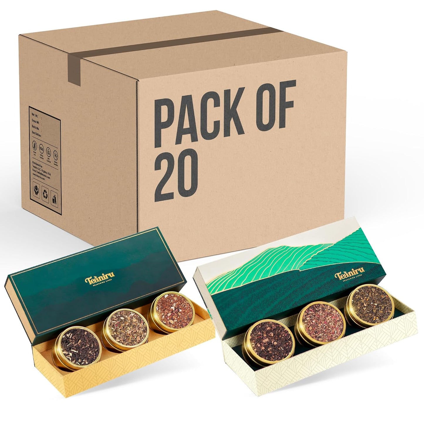 Teaniru, Grandeur Tea Collection | 3 Loose Leaf Tea Sampler | Variety Pack Assortment of Green, Herbal & Black Tea | Gluten Free & Sugar Free | Gift Set for Men & Women | Thanks Giving