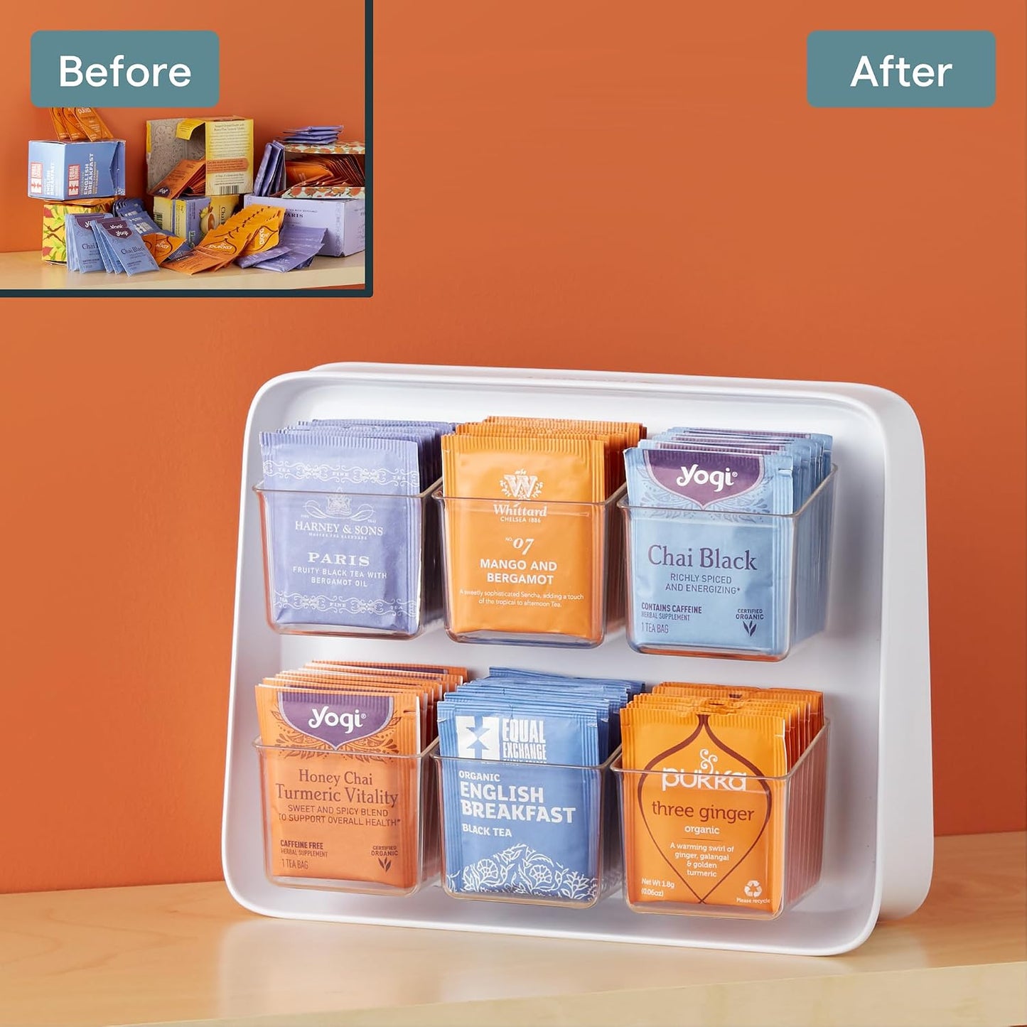 YouCopia TeaStand Tea Bag Organizer with Clear Removable Bins, Cabinet or Pantry Storage Caddy, 80-Bag