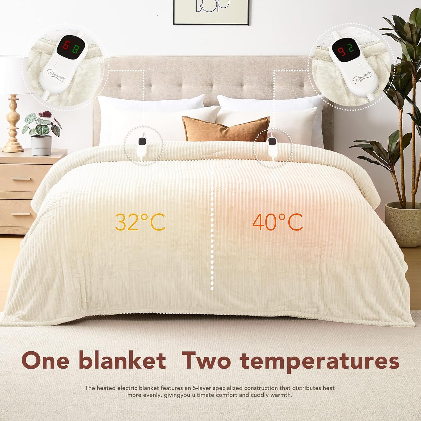 Homemate Heated Blanket Electric Throw - 50"x60" Heating Blanket Throw 1/2/4/6/8 Hours Auto-Off 10 Heat Levels Over-Heat Protection Soft Flannel Sherpa Heater ETL Certification