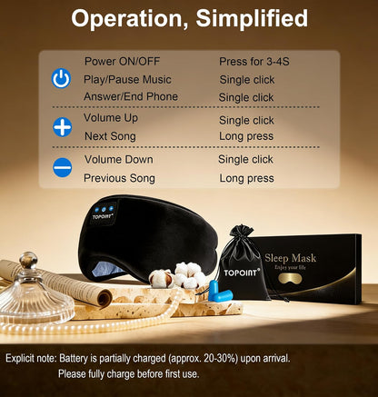 TOPOINT Sleep Mask with Headphones Bluetooth 5.4 Wireless, Sleep Headphones Earphones Earbuds with Microphone HD Speakers Music, Blackout Eye Mask for Sleeping Travel Meditation Men Women Cool Gadgets