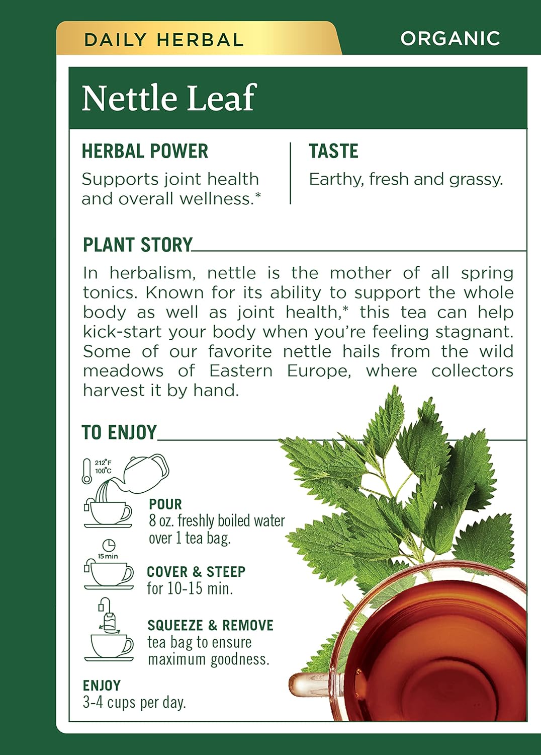 Traditional Medicinals Organic Nettle Leaf Herbal Tea, Supports Joint Health & Overall Wellness, (Pack of 3) - 48 Tea Bags Total