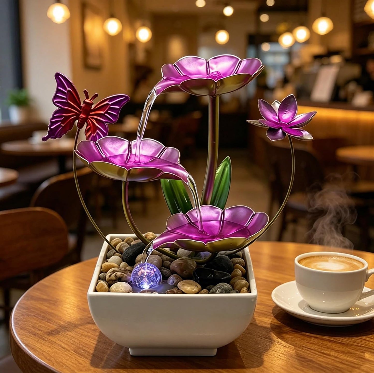 Tabletop Fountain,Indoor Water Fountain,Home Fengshui Décor Zen Relaxation Soothing Sound Machine for Office,Living Room,or Bedroom,Green Lotus,Hummingbird & Pink Flower,9.1inch