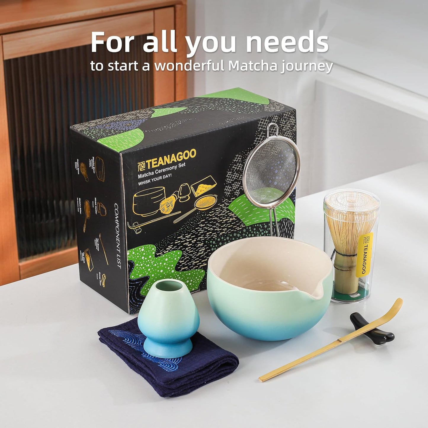 TEANAGOO Matcha Whisk Set Black,7 Pcs Matcha Set,Matcha Kit for Ceremony,Tradition Tea Set for Making Breakfast/Latte,Matcha Whisk Set with Bowl(Chawan)/Whisk and Holder,Gift for Family/Friend