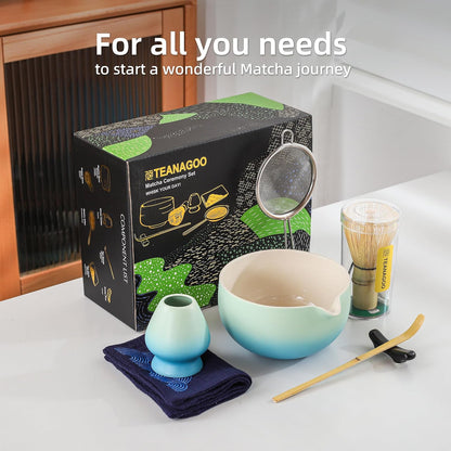 TEANAGOO Matcha Whisk Set Black,7 Pcs Matcha Set,Matcha Kit for Ceremony,Tradition Tea Set for Making Breakfast/Latte,Matcha Whisk Set with Bowl(Chawan)/Whisk and Holder,Gift for Family/Friend