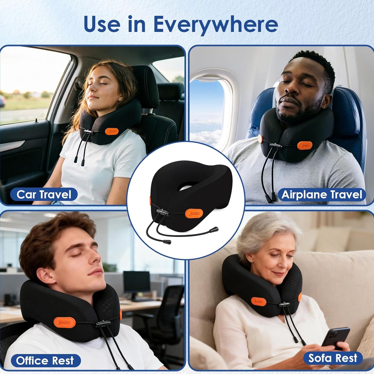 jiaao Travel Pillow Memory Foam Neck Pillow for Airplanes with Adjustable Neck Support, Includes Eye Mask, Earplugs & Storage Bag - Perfect for Flights, Road Trips, and Trains