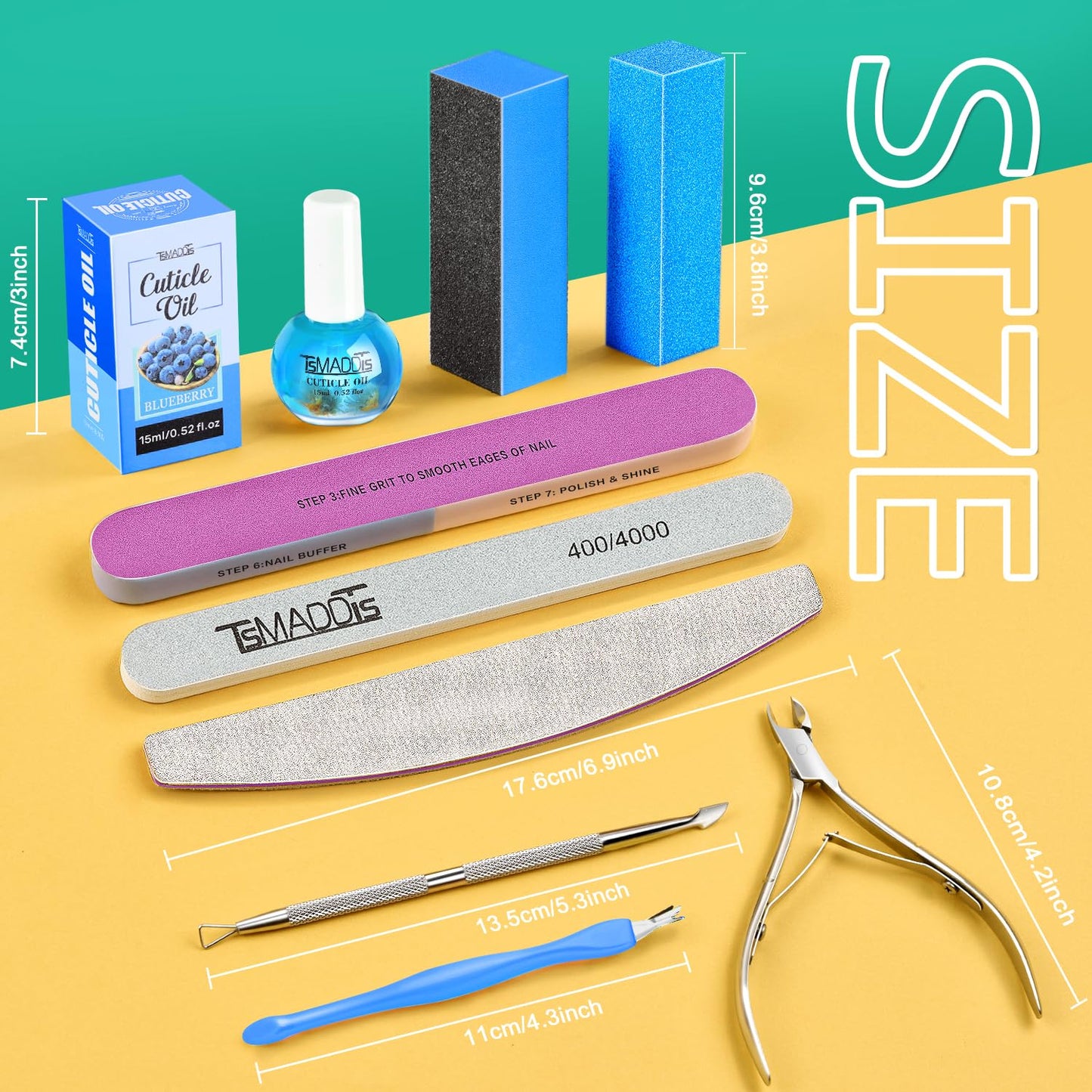 TsMADDTs Manicure Tools Kit Nail Care Kit with 3 pcs Files, 2 pcs Buffer Blocks, 2 Polishing Buffers, Cuticle Nipper, Pusher and Cuticle Oil