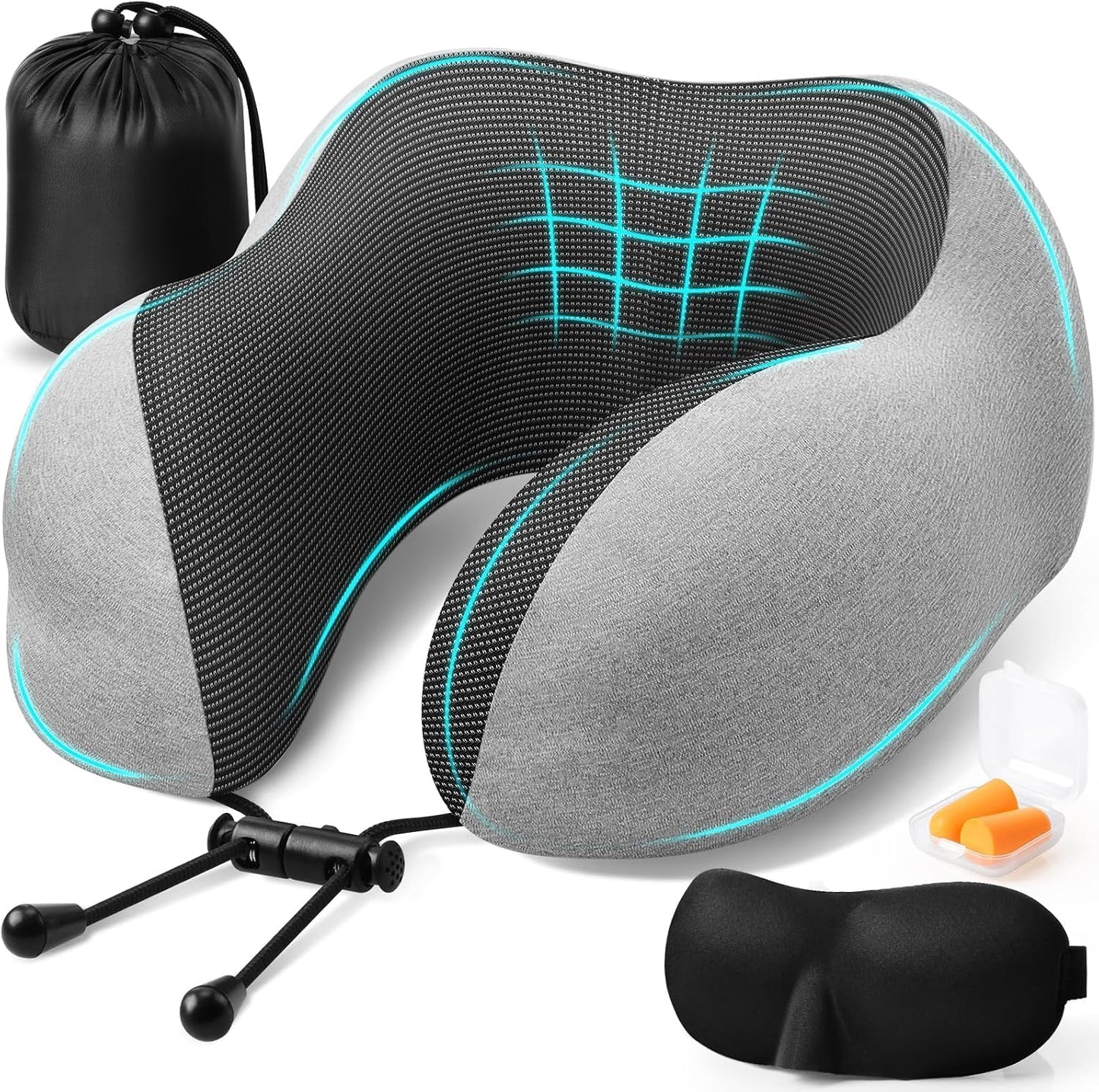 ExploreBliss Travel Pillow, Travel Pillows for Sleeping Airplane, Neck Pillow Airplane, Memory Foam Neck Pillow Set with Eye Mask, Earplugs and Storage Bag -Grey
