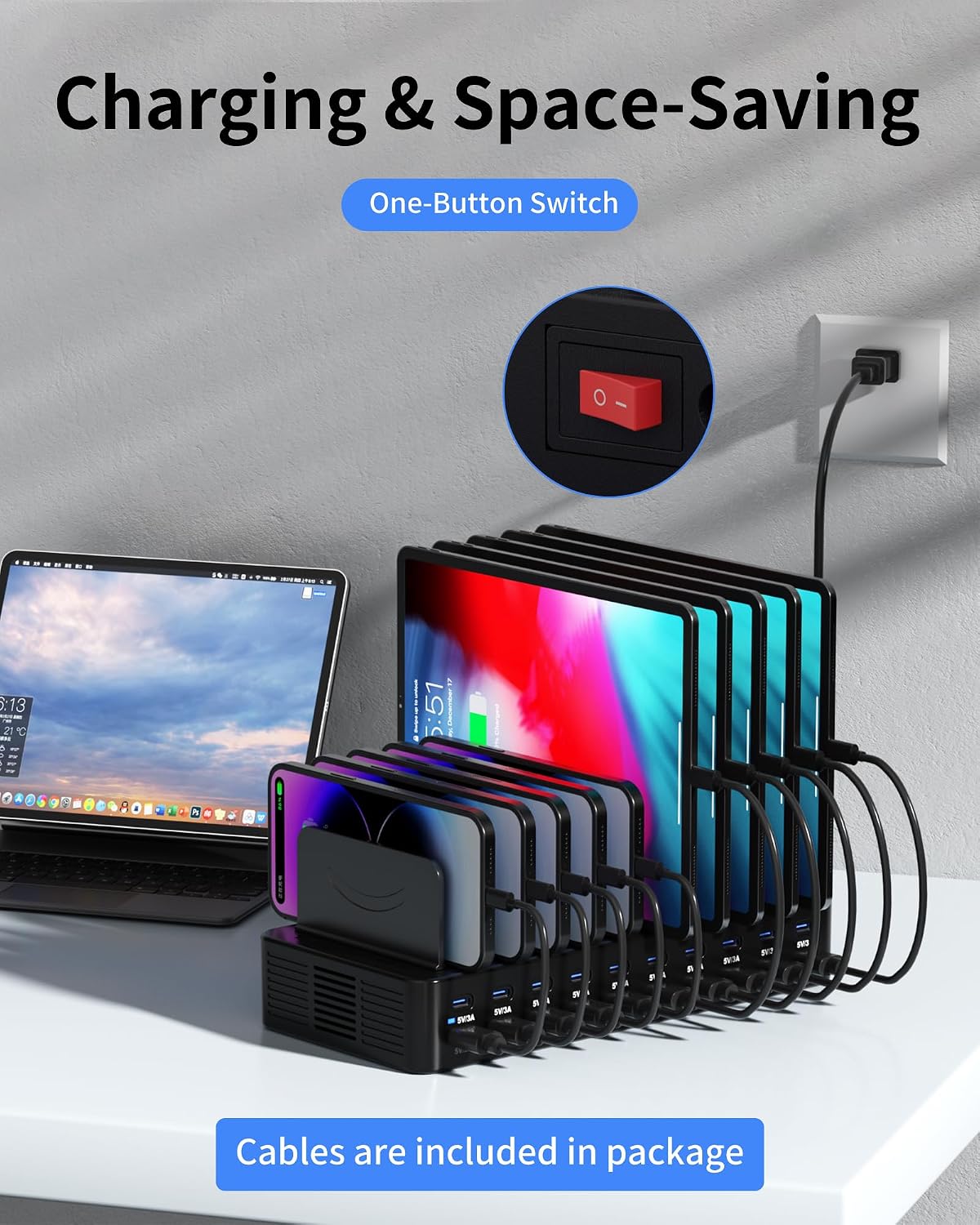 20-Port 270W Charging Station for Multiple Devices, USB Charger Station
