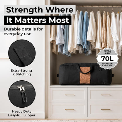 Soft Canvas Storage Bags with Zipper. Thick Breathable, 2pc King/Queen Comforter Organizer. Four Carrying Handles and Window. Large 25x19x9in Bag for Sheets Blankets Bedding Pillows, Clothes