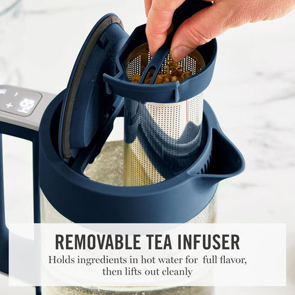 Martha Stewart Electric Kettle with Removable Stainless Steel Tea Infuser, Glass Carafe 1.7L (7 Cups), Hot Water Boiler, 4 Presets, Keep Warm & Auto Shut-Off, Cordless 360° Swivel Base, Honeydew Green