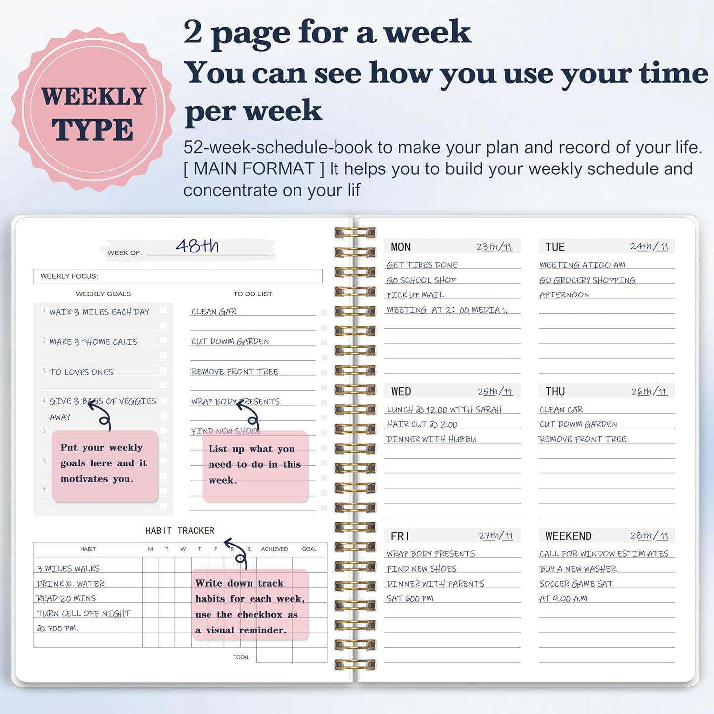 Undated Weekly Planner With Habit Tracker & To Do List 5.7 x 8.0 inch | Avoid Unfocused Busywork,Productivity Organizer,No-Bleed Thick Pages,Portable Size,Lay-Flat Spiral for Hands Free
