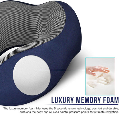 MLVOC Neck Pillow for Traveling, Upgraded 100% Pure Memory Foam Travel Neck Pillow for Airplane Flight Sleep, Breathable & Machine Washable Cover, Travel Kit with 3D Eye Mask, Earplugs & Bag, Black