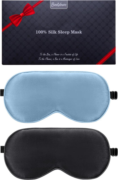 BeeVines 100% Real Mulberry Silk 2 Pack Sleep Mask, Natural Pure Silk Eye Masks with Adjustable Strap for Sleeping, Block Light Eye Sleep Shade Cover, Reduces Puffy Eyes Traveling Gifts
