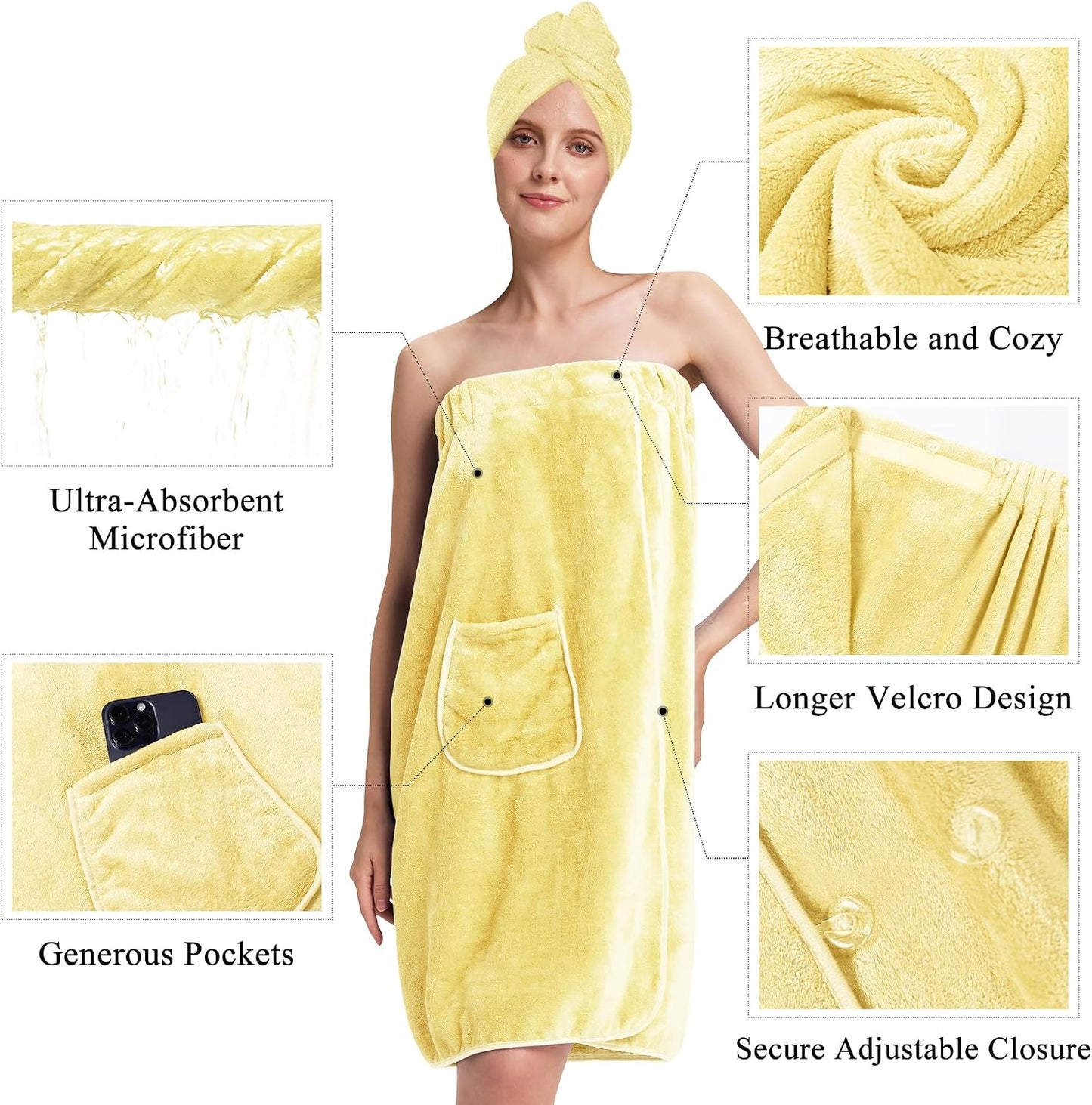 PJGGZ Towel Wrap for Women, Adjustable Button Quick Dry Absorbent Bath Wrap