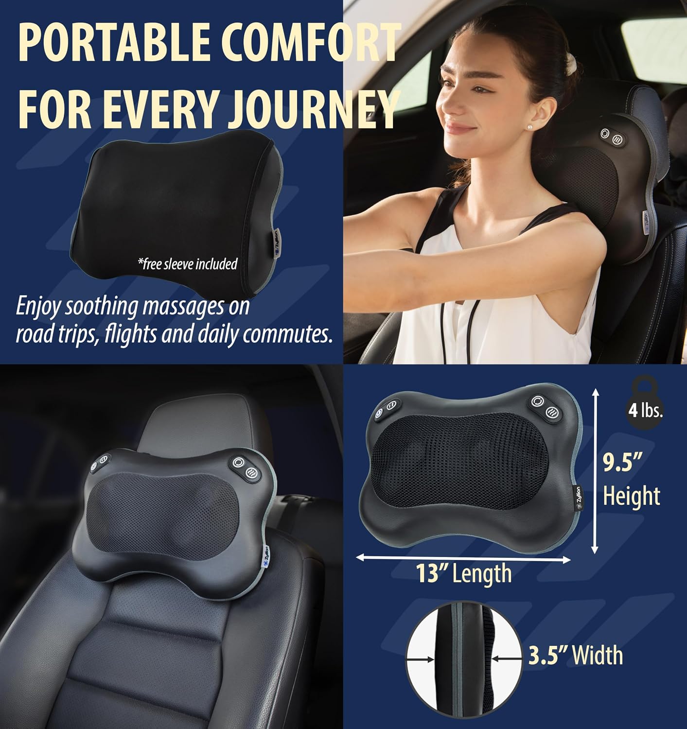 Zyllion Shiatsu Back and Neck Massager with Heat - 3D Electric Kneading Deep Tissue Massage Pillow with 8 Massaging Nodes for Muscle Pain Relief, Black, ZMA-25