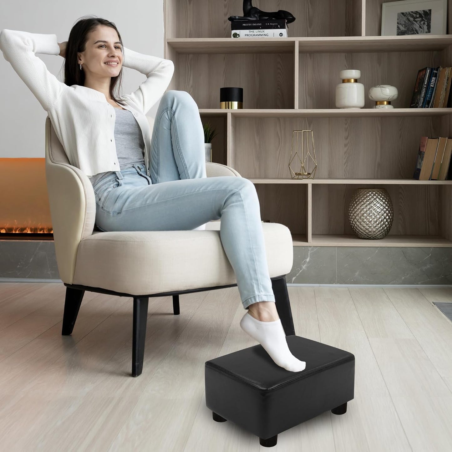 CAROLMADE Small Foot Stool Ottoman Footstool with Legs Under Desk Footrest for Living Room Bedroom and Office,Linen-Grey