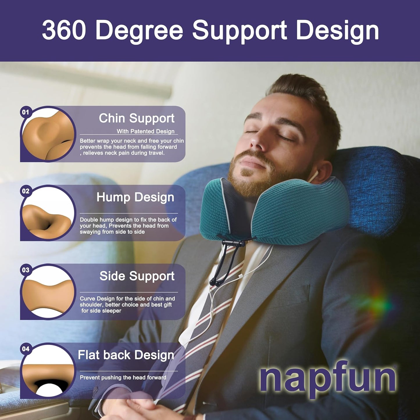 napfun Neck Pillow for Traveling, Upgraded Travel Neck Pillow for Airplane 100% Pure Memory Foam Travel Pillow for Flight Headrest Sleep, Portable Plane Accessories, Light Grey