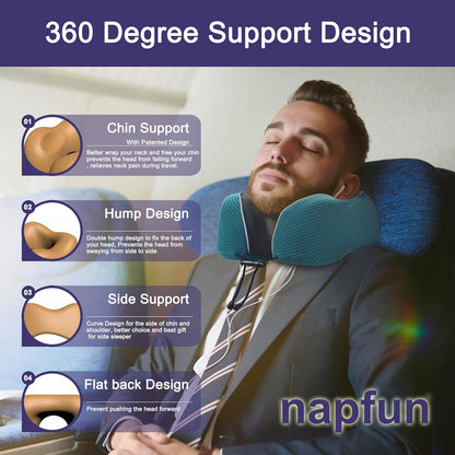 napfun Neck Pillow for Traveling, Upgraded Travel Neck Pillow for Airplane 100% Pure Memory Foam Travel Pillow for Flight Headrest Sleep, Portable Plane Accessories, Light Grey