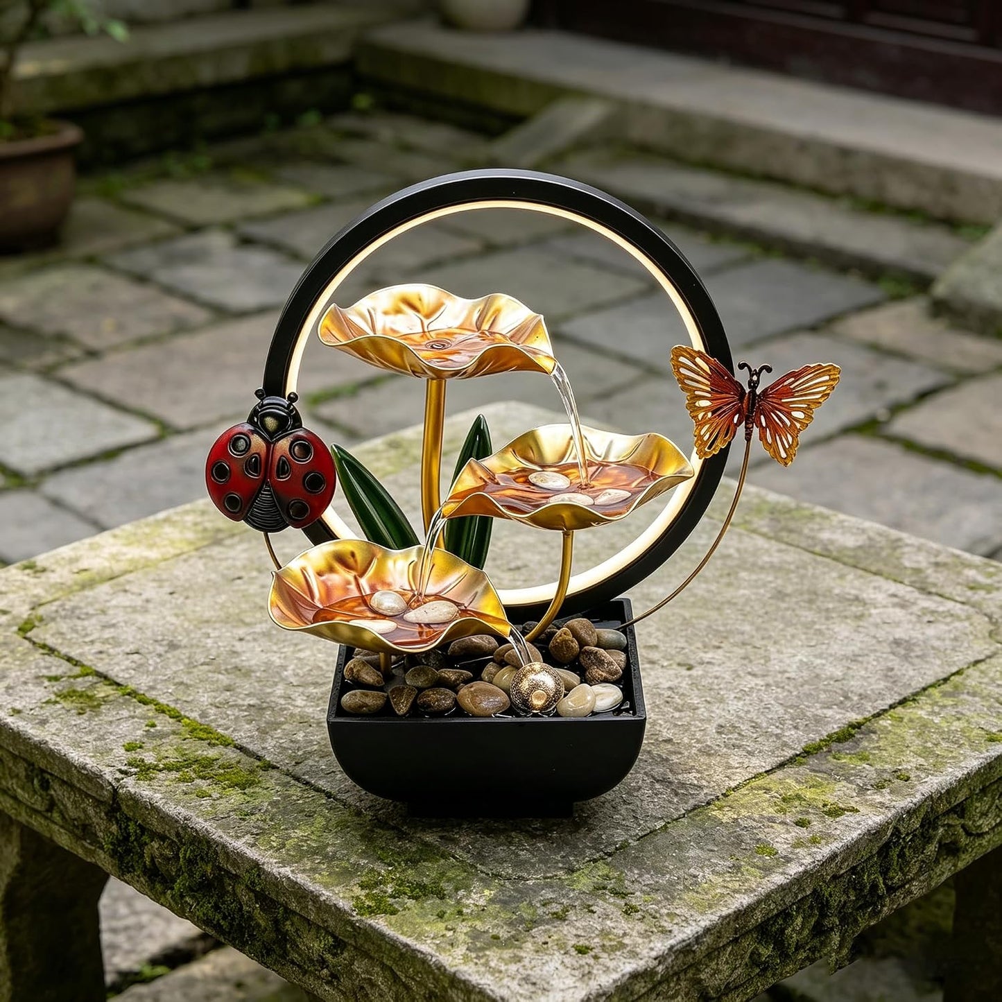 Tabletop Fountain,Indoor Water Fountain,Home Fengshui Décor Zen Relaxation Soothing Sound Machine for Office,Living Room,or Bedroom,Green Lotus,Hummingbird & Pink Flower