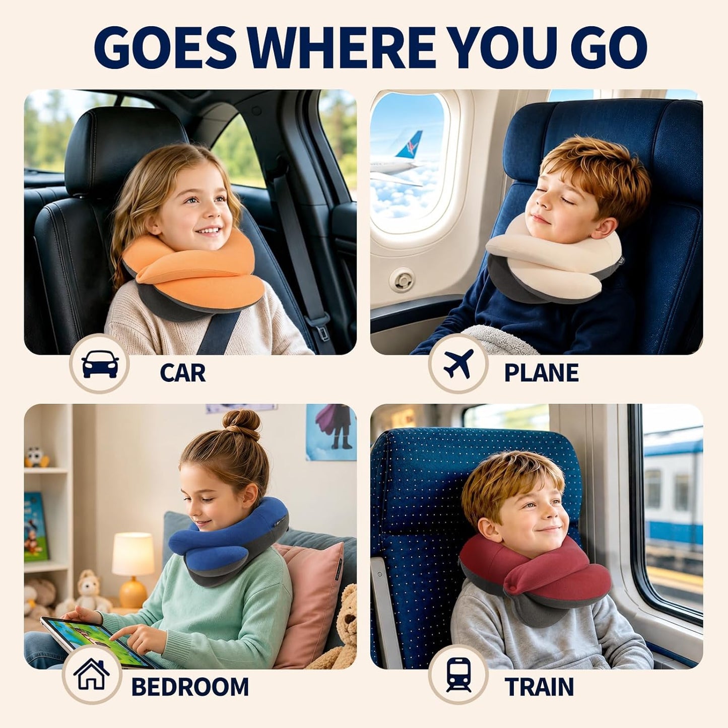 BUYUE Travel Neck Pillows for Airplanes, Memory Foam 360° Head Support Sleep for Long Flight, Skin-Friendly & Breathable, Kit with Eye Mask, Earplugs and Storage Bag (Adult, Grey, 90+ lbs)