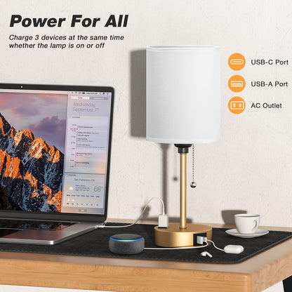 Small Bedside Table lamp for Bedroom - 3 Color Temperatures Bedside Lamps with USB C and A Ports, Pull Chain Table Lamps with AC Outlet, White Nightstand Lamps with Black Metal Base for Kids Reading