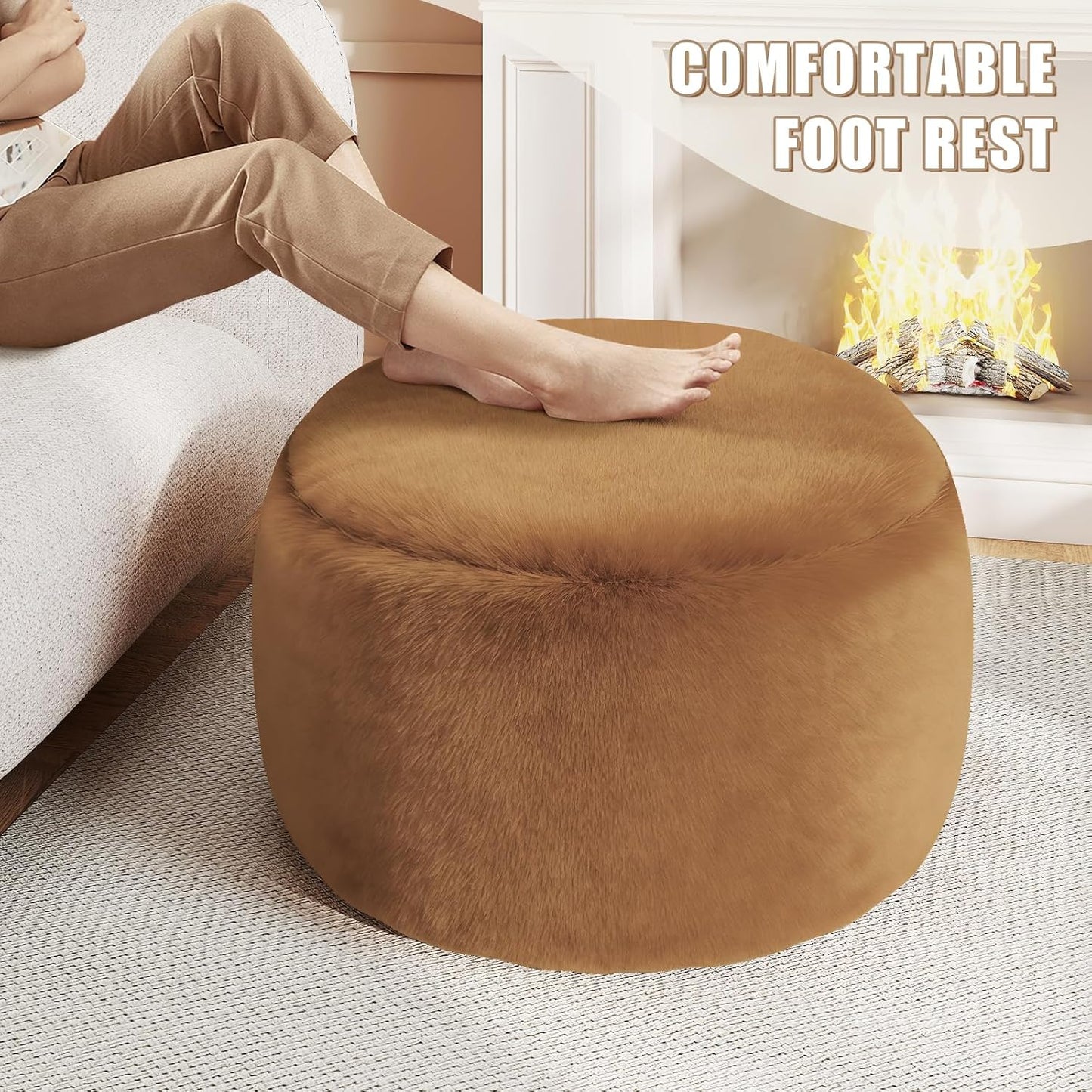 Round Stuffed Pouf Ottoman Foot Rest, Faux Fur Poufs with Memory Foam Filling, Ottomans for Living Room, Nursery, Dorm, Soft Foot Stool Ottoman for Couch, Perfect for Resting Your Feet (Grey, 20 Inch)