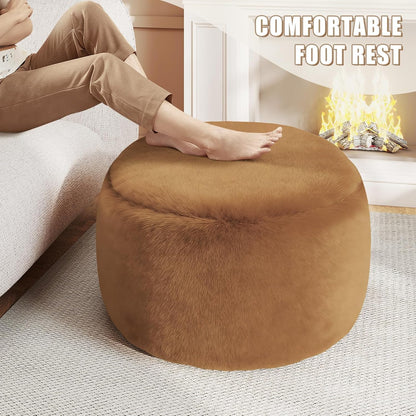 Round Stuffed Pouf Ottoman Foot Rest, Faux Fur Poufs with Memory Foam Filling, Ottomans for Living Room, Nursery, Dorm, Soft Foot Stool Ottoman for Couch, Perfect for Resting Your Feet (Grey, 20 Inch)