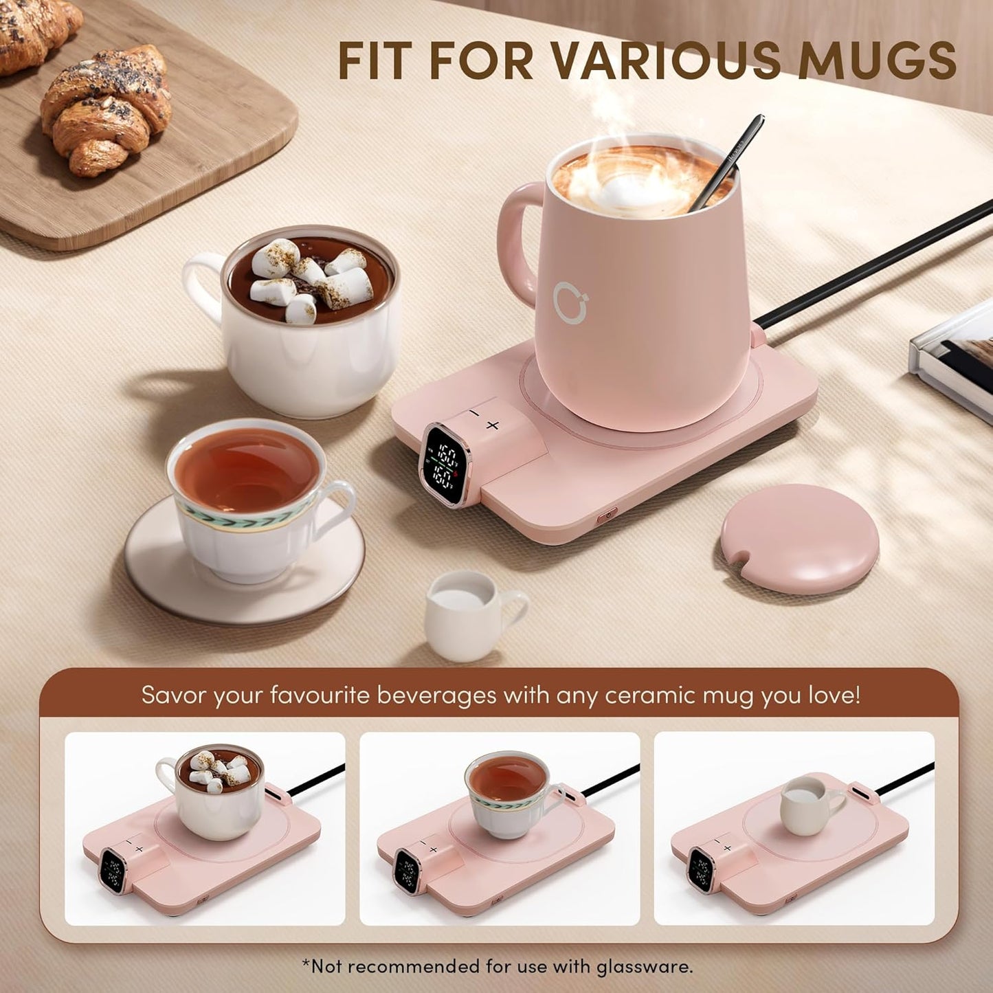 Coffee Mug Warmer & iKago Mug Set, Accurate Temperature Control Smart Heated Mug for Desk, Electric Coffee Warmer with Auto Shut Off & Real-Time Temp Display, Gifts for Men Women, 15oz Ceramic Mug