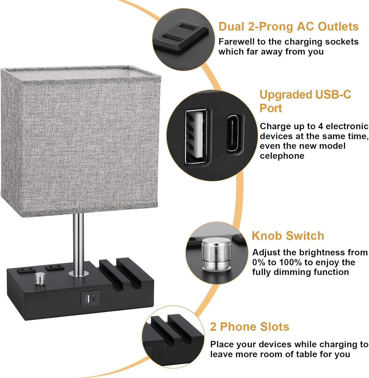 Kakanuo Fully Dimmable Nightstand Lamp for Bedroom with USB C Ports, Grey Small Bedside Table Lamp with Charging Outlets and Phone Stands, Wooden Desk Lamp for Living Room, LED Bulb Included