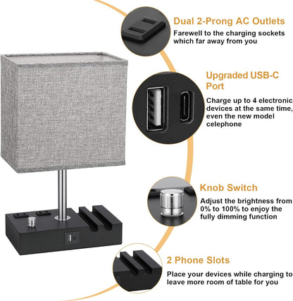 Kakanuo Fully Dimmable Nightstand Lamp for Bedroom with USB C Ports, Grey Small Bedside Table Lamp with Charging Outlets and Phone Stands, Wooden Desk Lamp for Living Room, LED Bulb Included