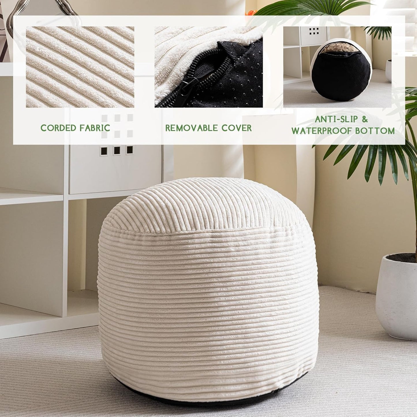 HIGOGOGO Pouf Ottoman Stuffed Round Modern Foam Filled Foot Rest Poufs for Living Room Chair Decorative 20 X 15 Inches Boho Relax Stool for Wedding Christmas Party, Beige