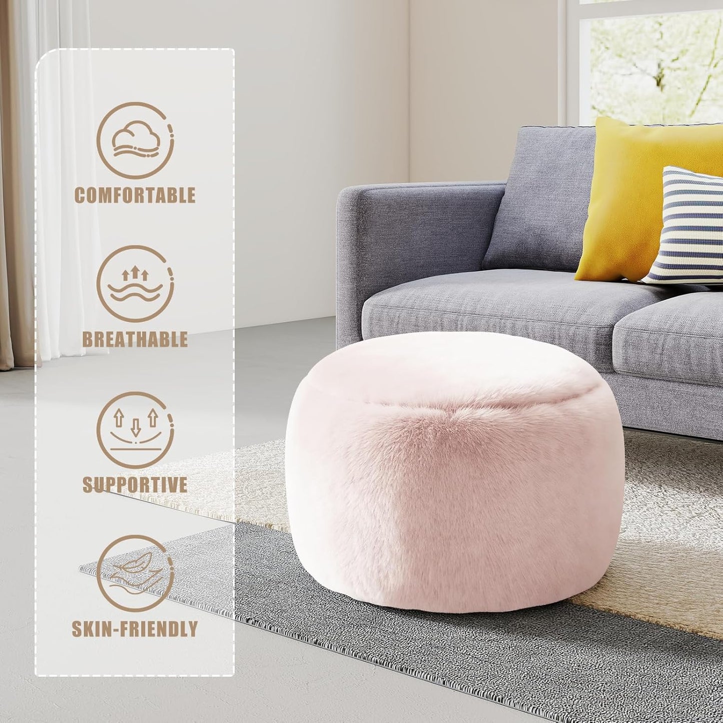 Round Stuffed Pouf Ottoman Foot Rest, Faux Fur Poufs with Memory Foam Filling, Ottomans for Living Room, Nursery, Dorm, Soft Foot Stool Ottoman for Couch, Perfect for Resting Your Feet (Grey, 20 Inch)