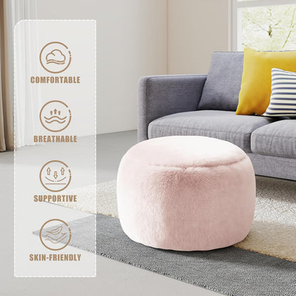 Round Stuffed Pouf Ottoman Foot Rest, Faux Fur Poufs with Memory Foam Filling, Ottomans for Living Room, Nursery, Dorm, Soft Foot Stool Ottoman for Couch, Perfect for Resting Your Feet (Grey, 20 Inch)