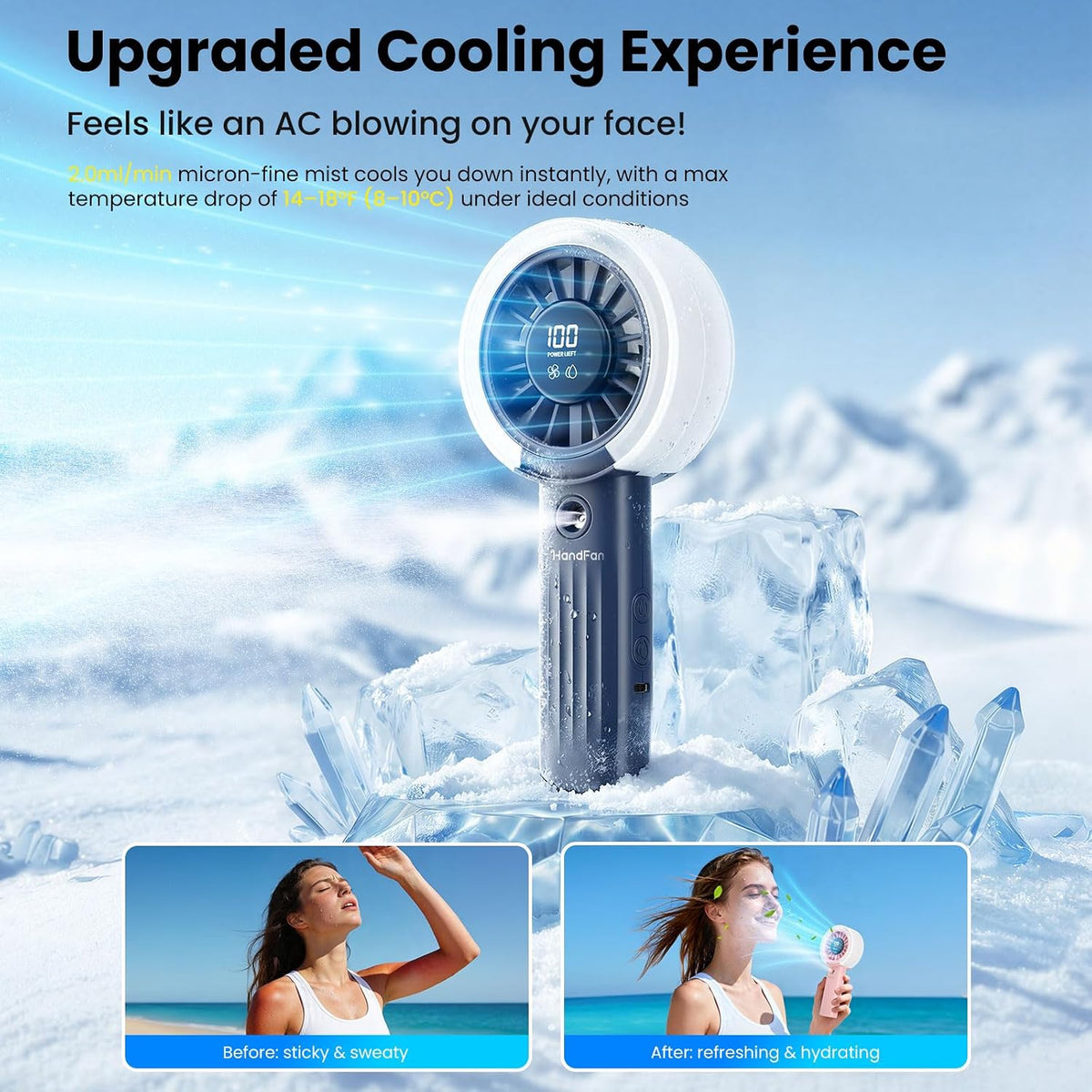 HandFan Upgraded Misting Fan with LED Display – Extreme Cooling Portable Handheld Fan with Water Mist Spray, 50% Stronger Airflow & Quieter, USB Rechargeable for Travel/Park/Disney/Beach/Concert/Game