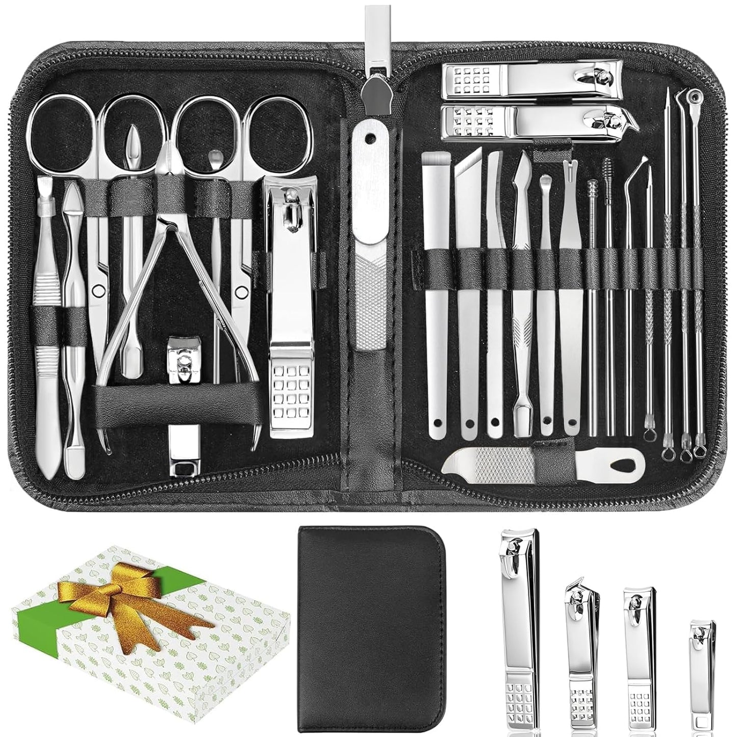 Nail Clippers Set, 26 Piece Manicure Set & Pedicure Kit, Stainless Steel Fingernail & Toenail Clipper Cutters, Professional Nail Care Tools with Luxurious Travel Case for Men and Women, Black