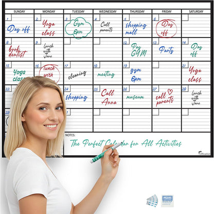 Large Dry Erase Calendar for Wall 36x48, Big Classroom Giant Month, Undated Reusable Family Monthly, Rolled Whiteboard White Board, Calendar Dry Erase Planner for Wall Erasable Large Office 48x36