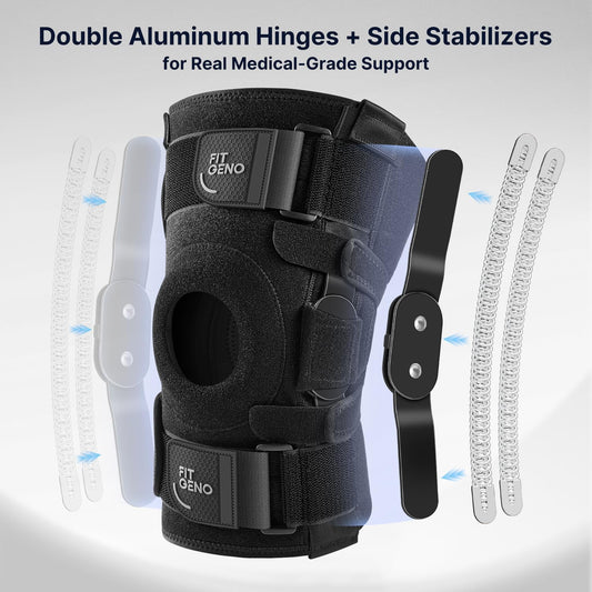 Fit Geno Hinged Knee Brace for Meniscus Tear: Adjustable Knee Support for Knee Pain w/Side Stabilizers & Hinges for Injury or Surgery Recovery - Men and Women