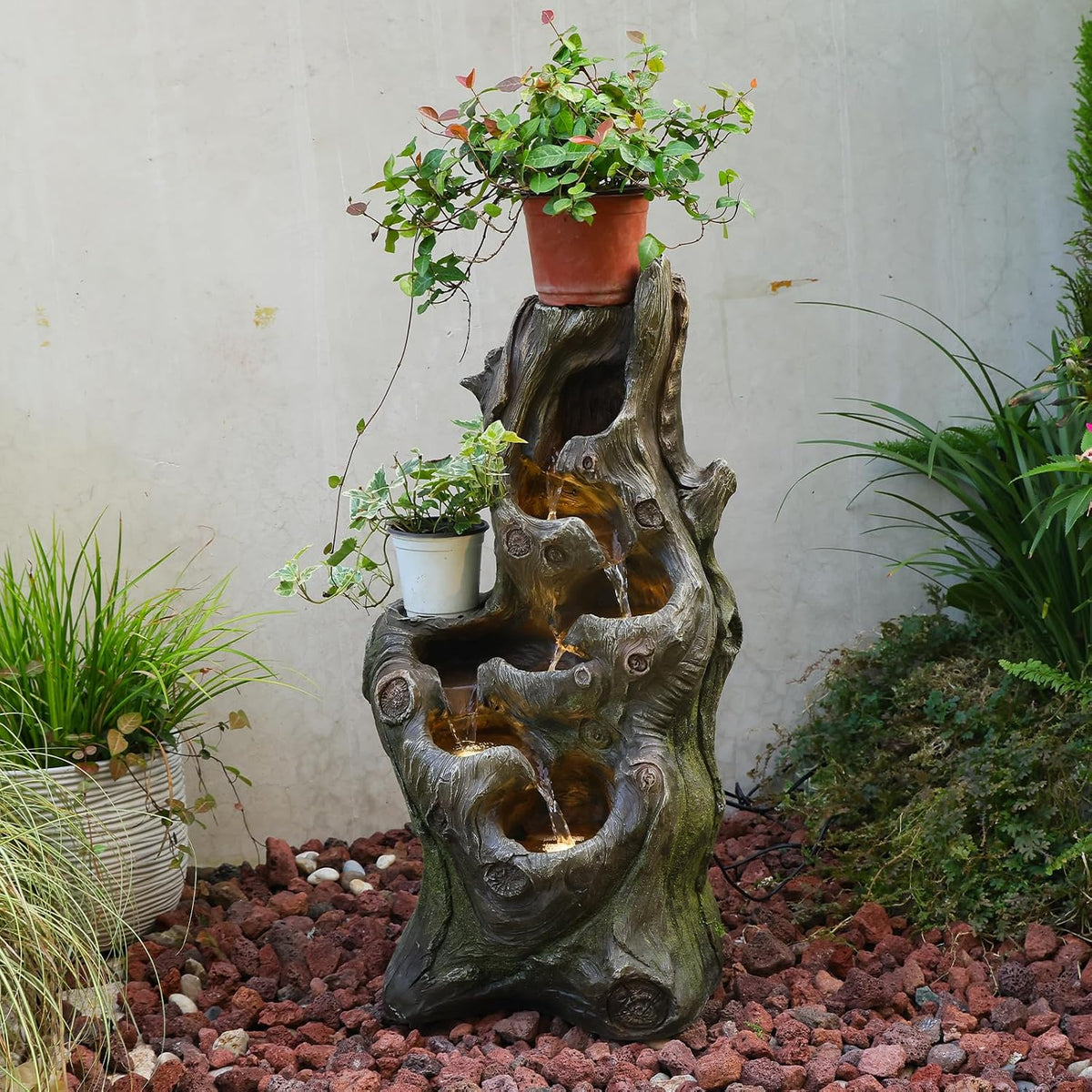 Sunlinua Water Fountain Outdoor, 5-Tier Cascading Realistic Tree Waterfall