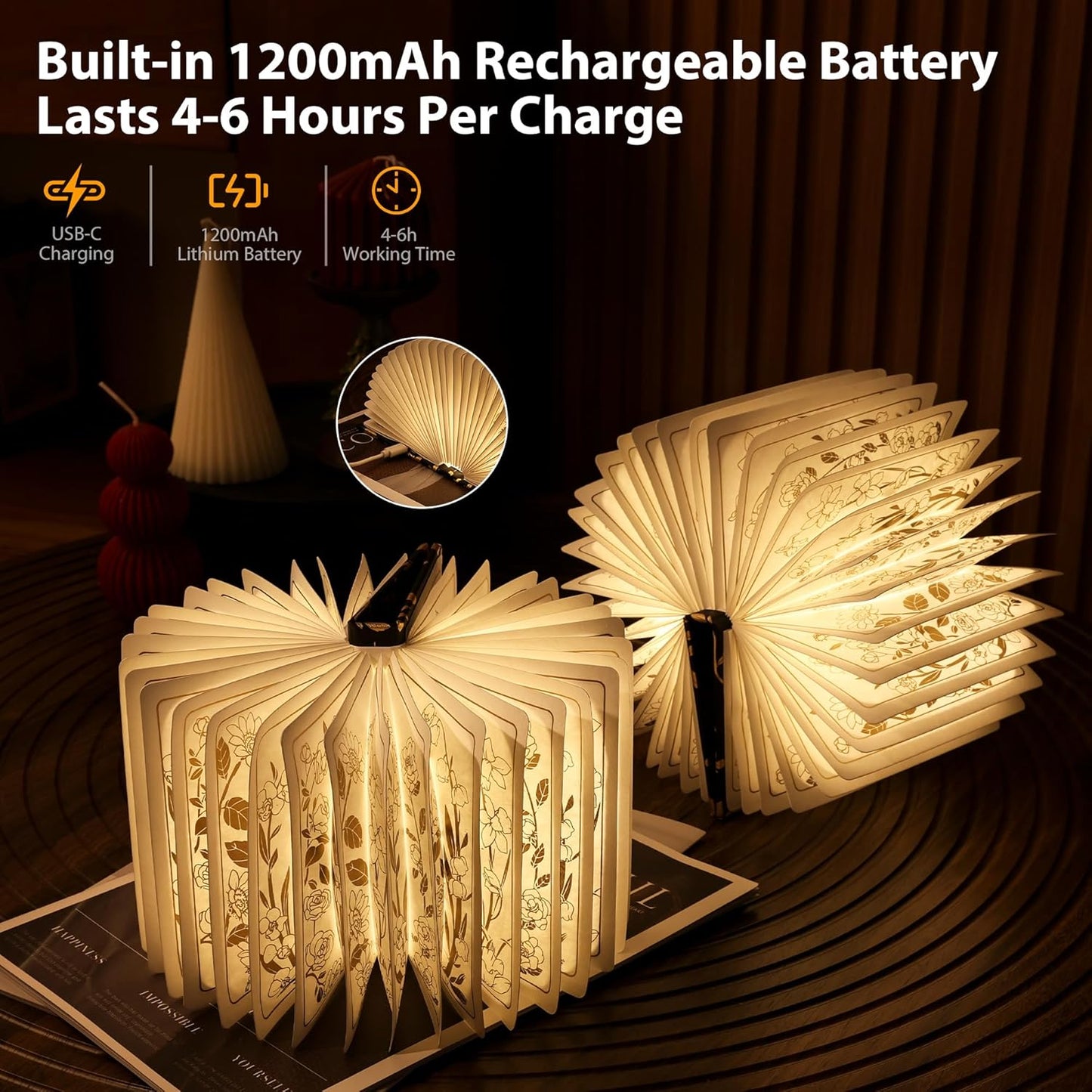 Book Lover Gift, Folding Book Lamp Decor, Portable Print Book Light