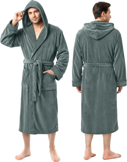 NY Threads Mens Robe with Hood, Luxury Plush Fleece Hooded Mens Bathrobe, Spa Bath Robe for Men