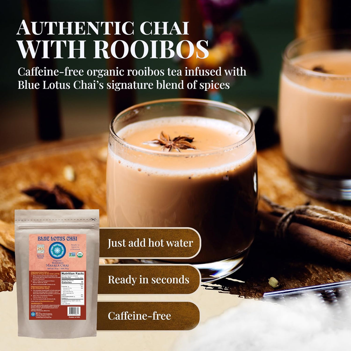 Blue Lotus Chai - Rooibos Flavor Masala Chai - Makes 65 Cups - 2 Ounce Masala Spiced Chai Powder with Organic Spices - Instant Indian Tea No Steeping - No Gluten