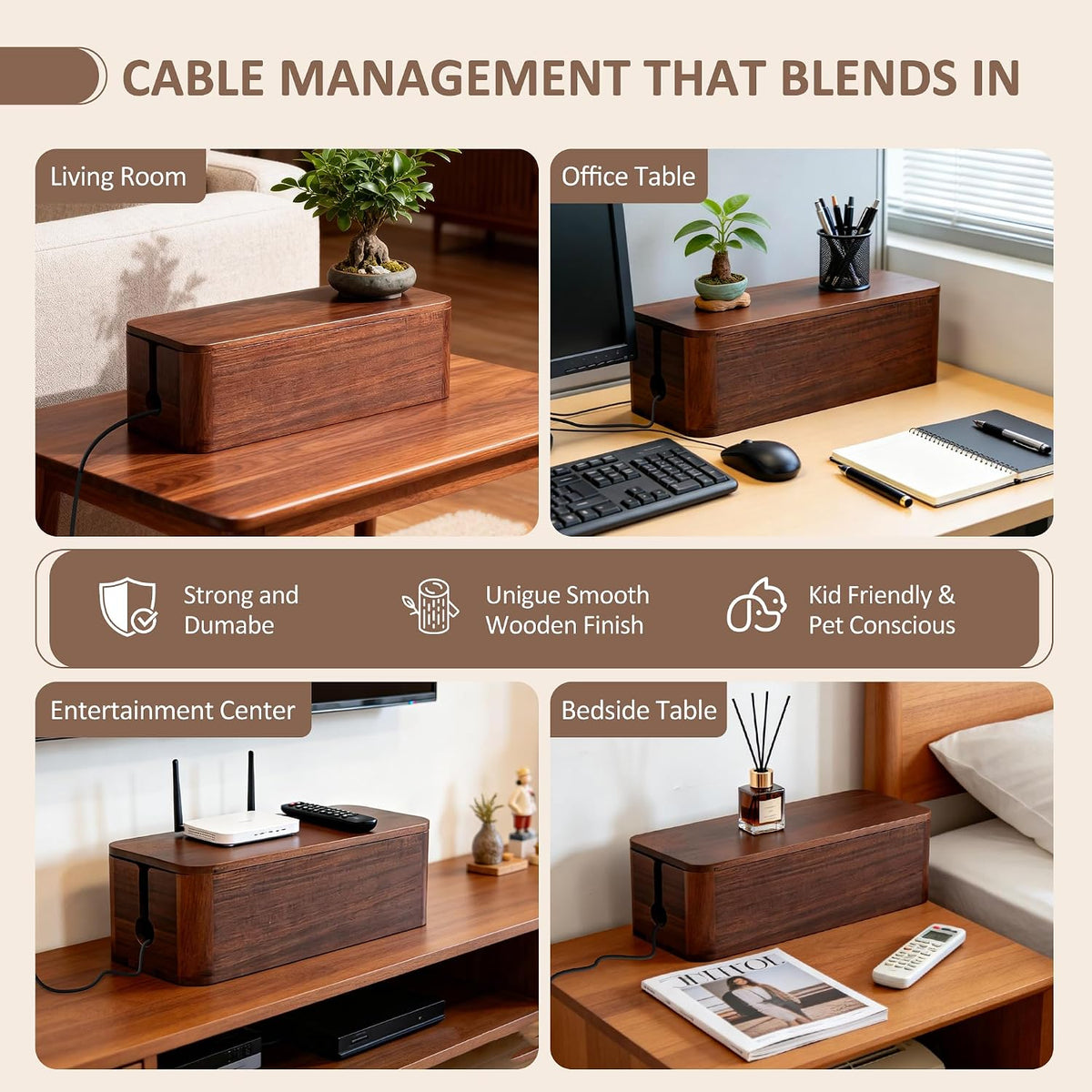 Large Acacia Wood Cable Management Box - Cord Hider&Organizer for TV Wires