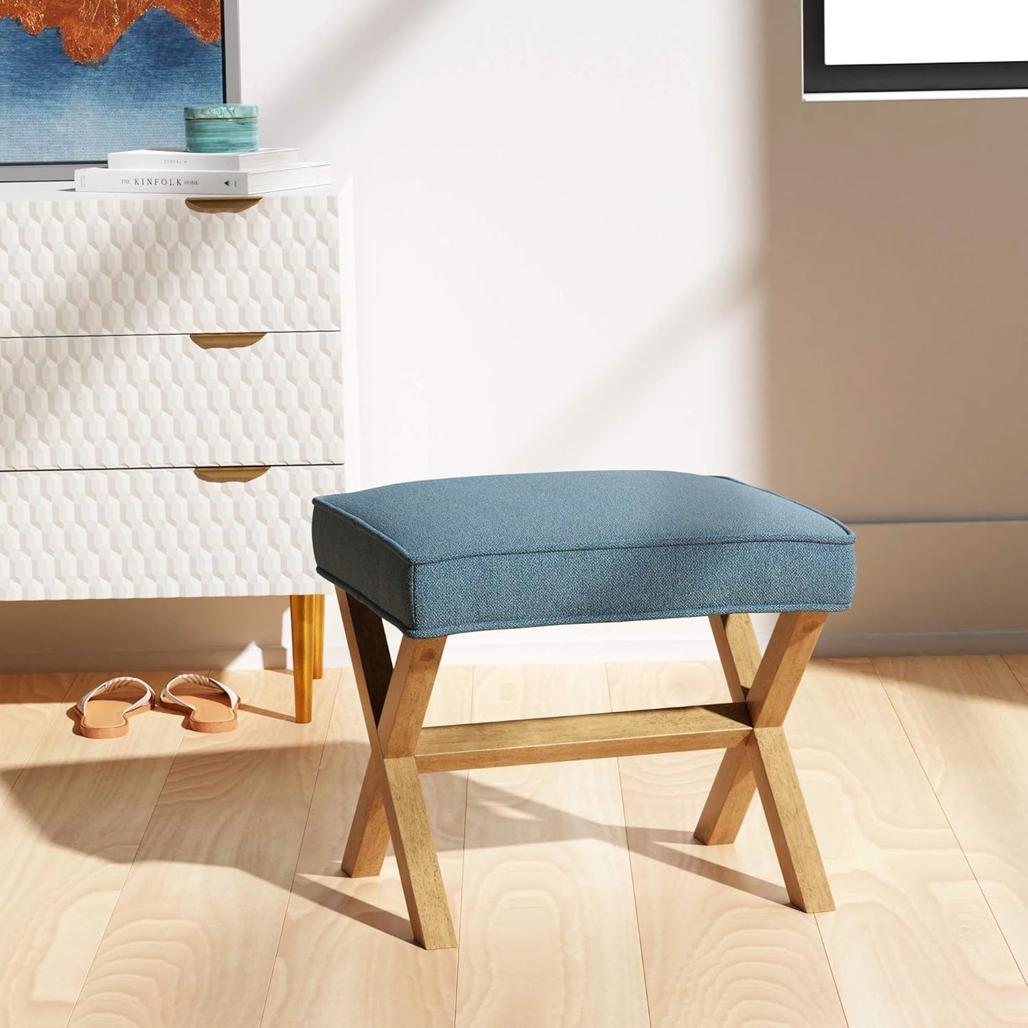 Amazon Basics Small Ottoman Foot Rest, Mid-Century Modern X Square Polyester Foot Stool, Linen, Ivory White, 18" D x 19.8" W x 18.3" H