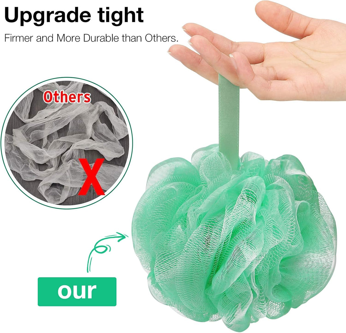 DadyMart Shower Loofah Sponge Pouf – XL Exfoliating Bath Puff Body Scrubber, Soft Mesh Shower Sponge with Reinforced Knot, Rich Lather, Set of 4 for Women and Men