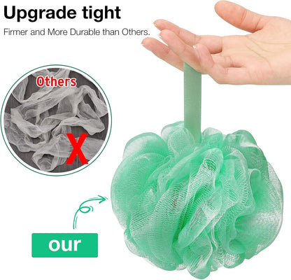 DadyMart Shower Loofah Sponge Pouf – XL Exfoliating Bath Puff Body Scrubber, Soft Mesh Shower Sponge with Reinforced Knot, Rich Lather, Set of 4 for Women and Men